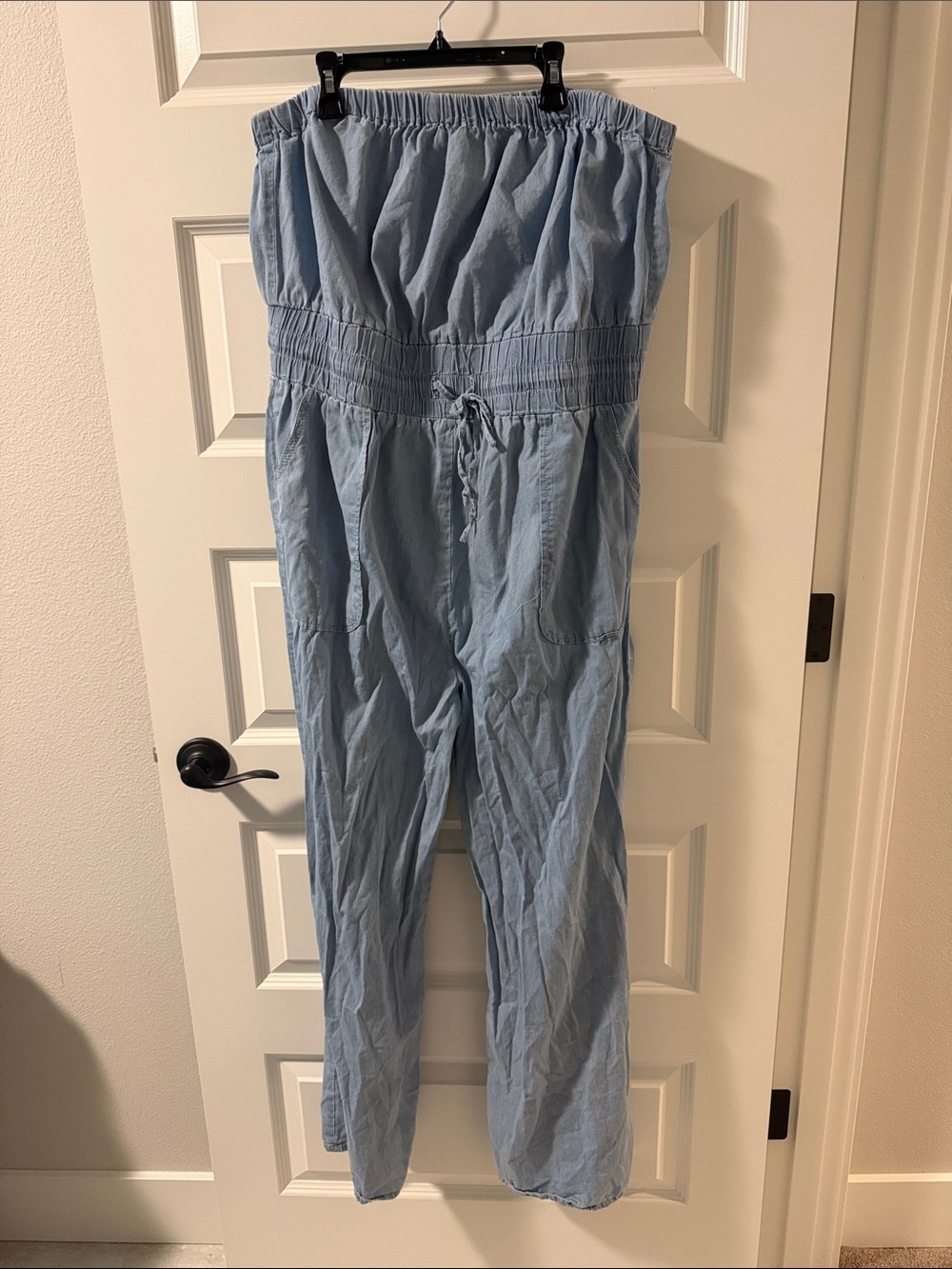 Smocked Strapless Light Blue Jumpsuit with Drawstring Waist